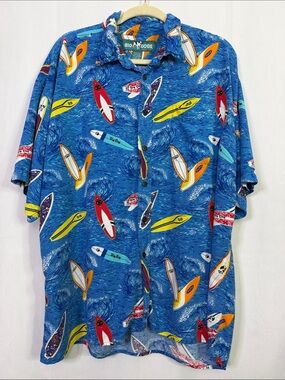 Vintage Big Dogs Men’s Hawaiian Surfboard Print Blue Button Shirt